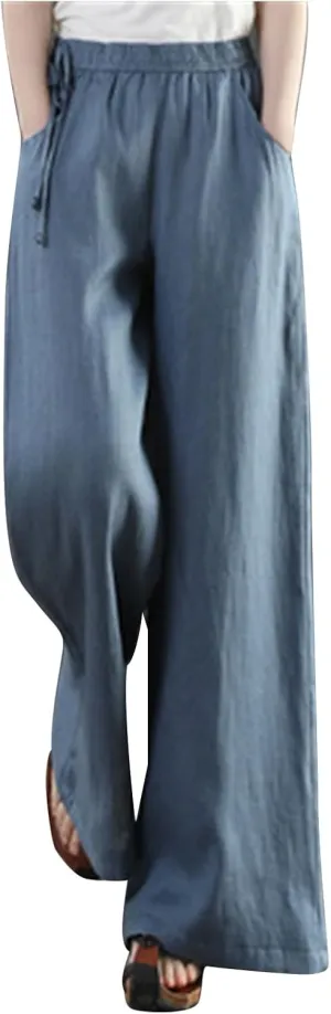 Women Cotton Linen Wide Leg Trousers High Waist Plus Size Lounge Pants Pockets Leisure Pant Causal Sweatpants