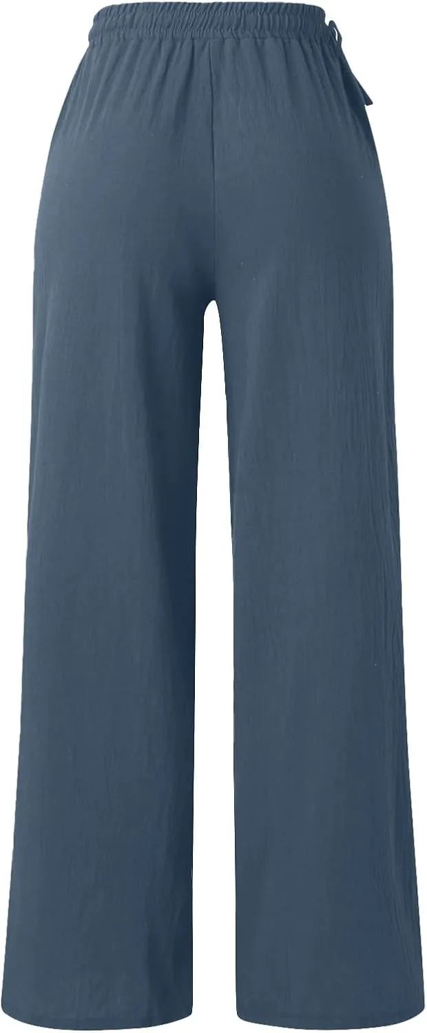 Women Cotton Linen Wide Leg Trousers High Waist Plus Size Lounge Pants Pockets Leisure Pant Causal Sweatpants