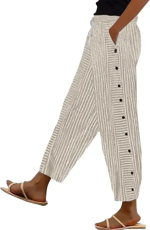 Women High Waist Capris Striped Pants Cotton Linen Casual Straight Leg Trousers Loose Lounge Side Buttons Cropped Pant Khaki