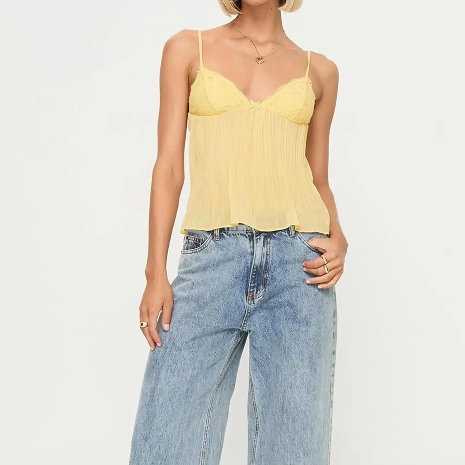 Women Lace Trim Spaghetti Strap Camisoles Summer V Neck Crop Tops Y2k Sleeveless Backless Sling Tank Tops
