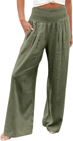 Women Linen Blend Summer Flowy Pant Trousers High Waist Long Lounge Slim Fit Pant Trousers Office