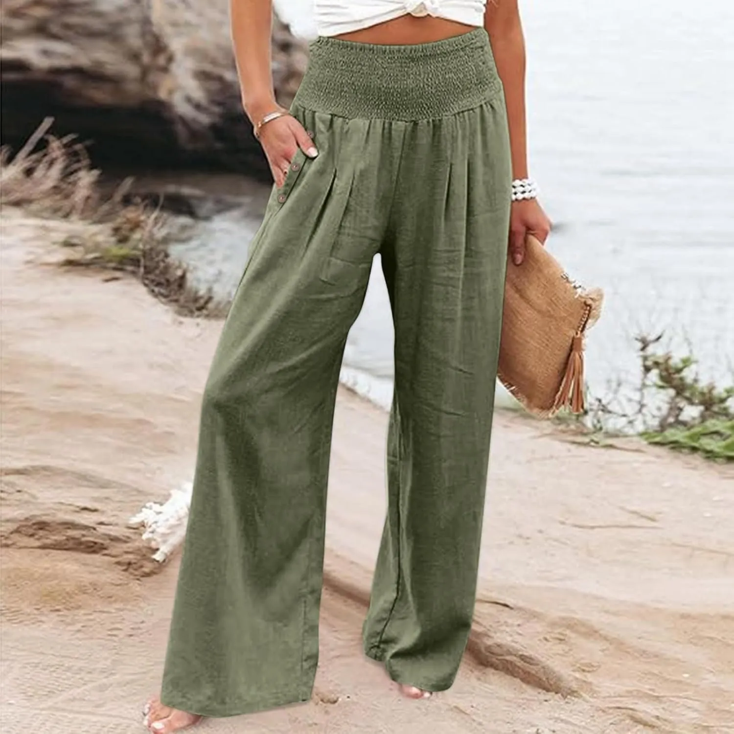 Women Linen Blend Summer Flowy Pant Trousers High Waist Long Lounge Slim Fit Pant Trousers Office