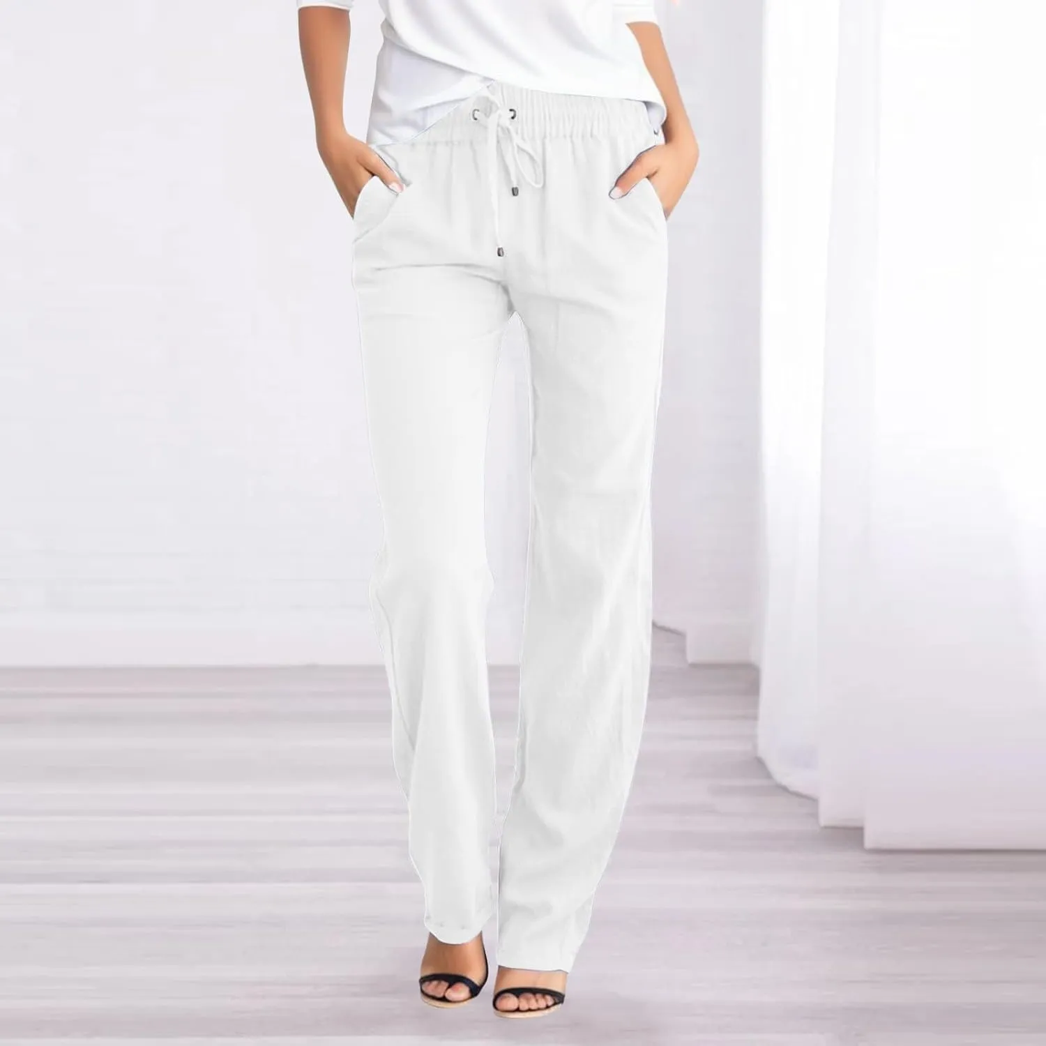 Women Linen Pants Casual Slim High Elastic Waist Color Sports and Linen Pants Summer Outfits for Women