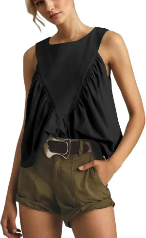 Women Peplum Babydoll Tank Tops Sleeveless Summer Shirred Swing A Line Tops Flowy Crew Neck Ruched Ruffle Shirt
