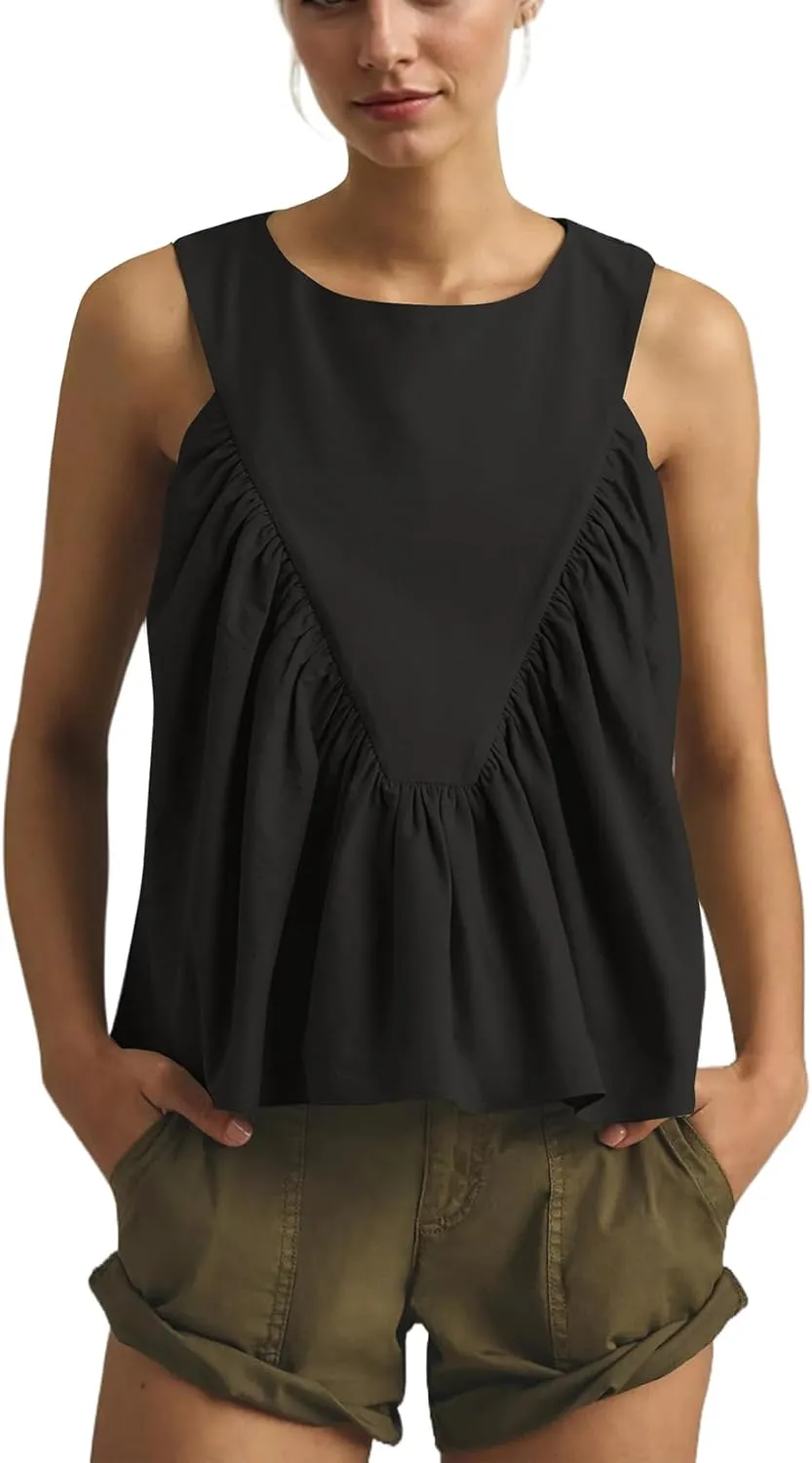 Women Peplum Babydoll Tank Tops Sleeveless Summer Shirred Swing A Line Tops Flowy Crew Neck Ruched Ruffle Shirt