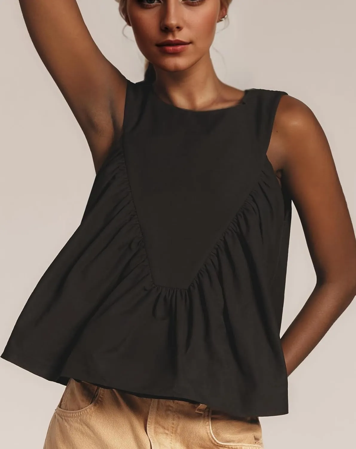 Women Peplum Babydoll Tank Tops Sleeveless Summer Shirred Swing A Line Tops Flowy Crew Neck Ruched Ruffle Shirt
