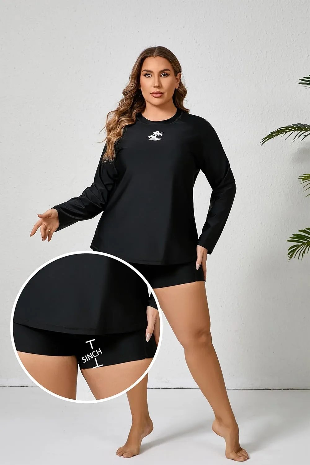 Women Plus Size Two Piece Long Sleeve Rash Guard Sets Built in Bra Swim Shirt Top and Shorts with Pockets UPF50 