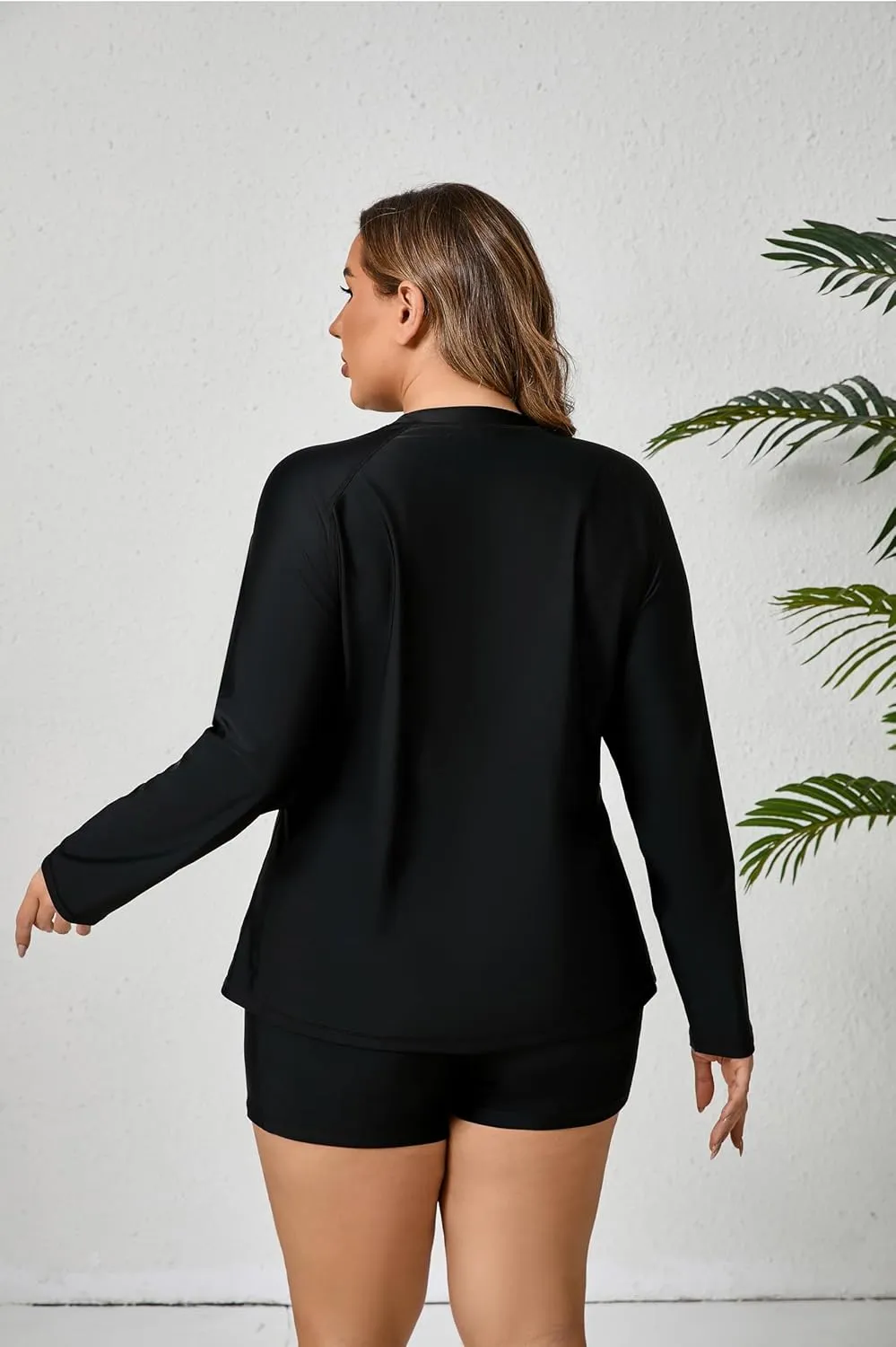 Women Plus Size Two Piece Long Sleeve Rash Guard Sets Built in Bra Swim Shirt Top and Shorts with Pockets UPF50 