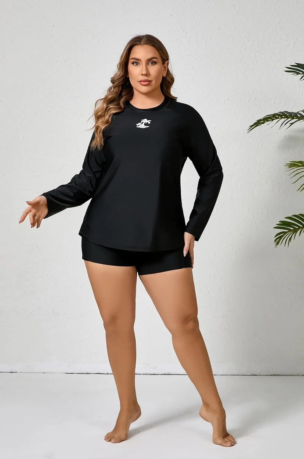 Women Plus Size Two Piece Long Sleeve Rash Guard Sets Built in Bra Swim Shirt Top and Shorts with Pockets UPF50 