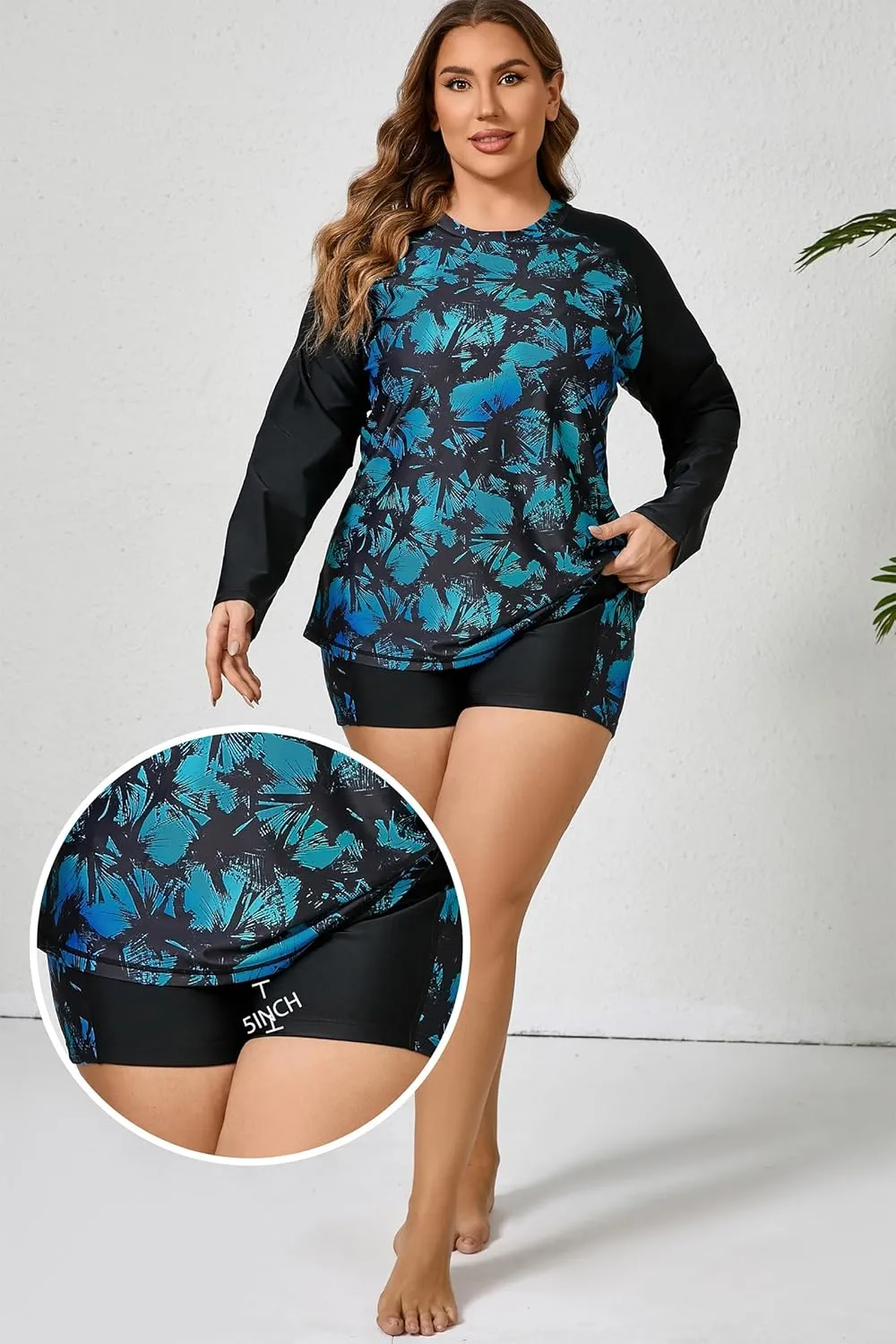 Women Plus Size Two Piece Long Sleeve Rash Guard Sets Built in Bra Swim Shirt Top and Shorts with Pockets UPF50 