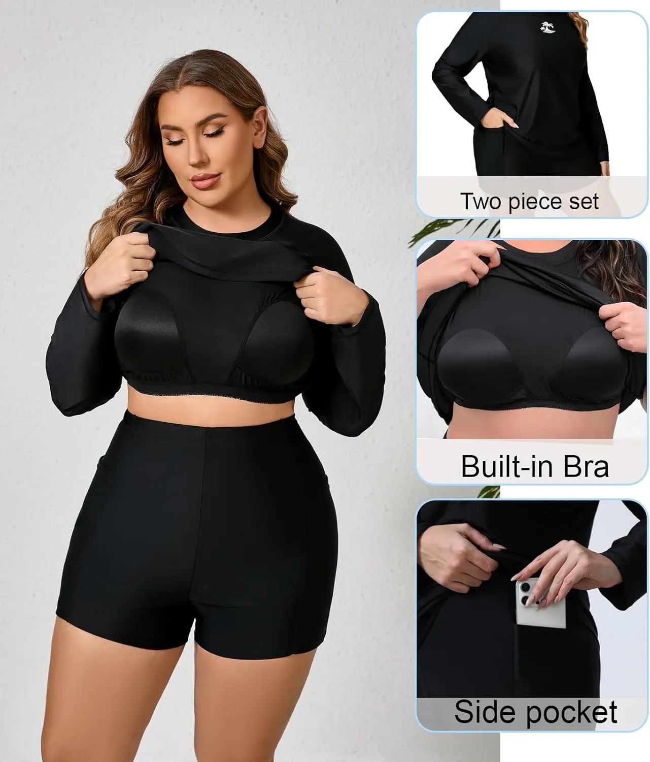 Women Plus Size Two Piece Long Sleeve Rash Guard Sets Built in Bra Swim Shirt Top and Shorts with Pockets UPF50 