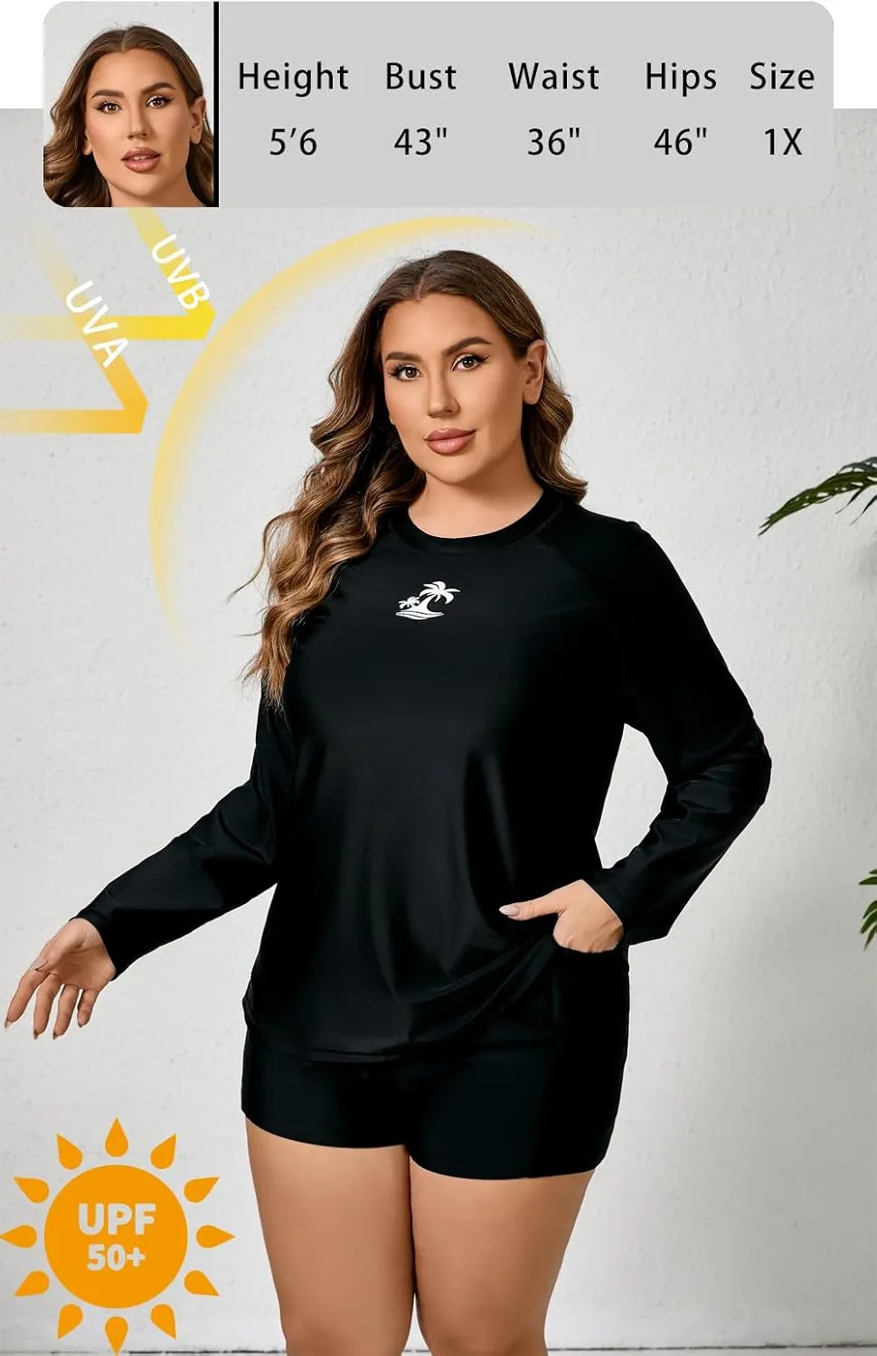 Women Plus Size Two Piece Long Sleeve Rash Guard Sets Built in Bra Swim Shirt Top and Shorts with Pockets UPF50 