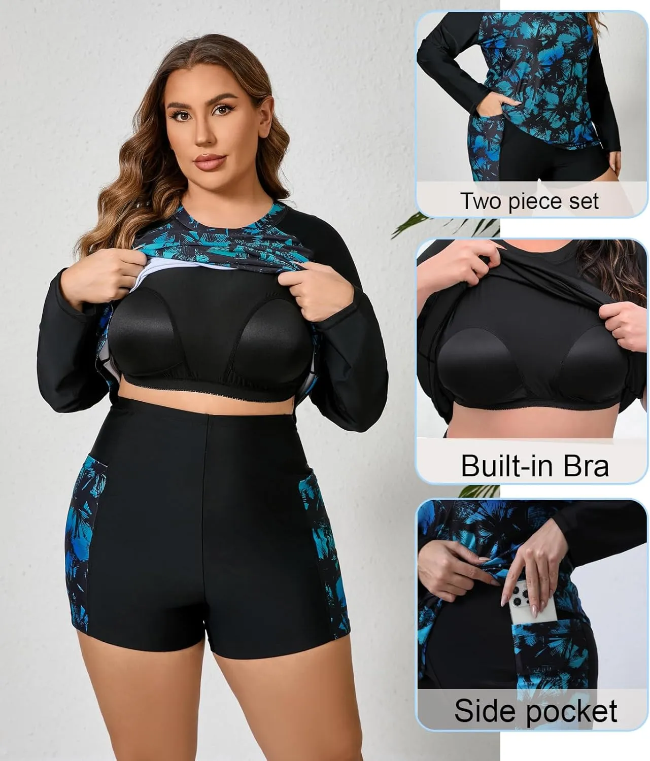 Women Plus Size Two Piece Long Sleeve Rash Guard Sets Built in Bra Swim Shirt Top and Shorts with Pockets UPF50 