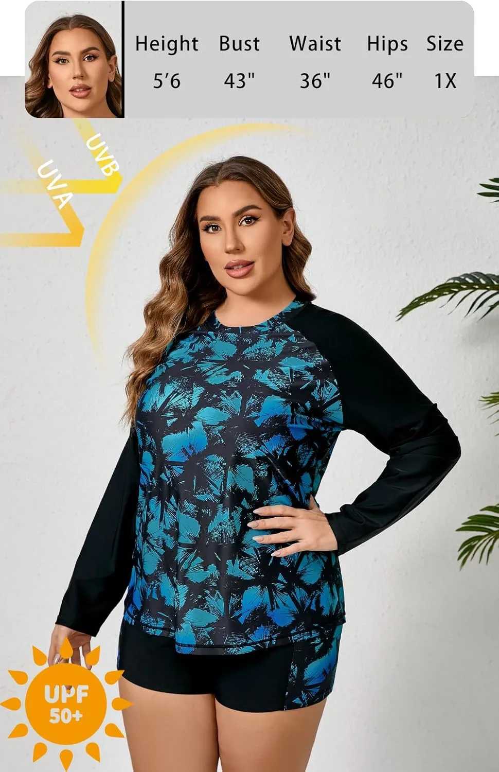 Women Plus Size Two Piece Long Sleeve Rash Guard Sets Built in Bra Swim Shirt Top and Shorts with Pockets UPF50 