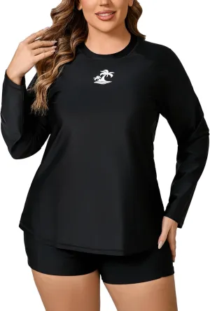 Women Plus Size Two Piece Long Sleeve Rash Guard Sets Built in Bra Swim Shirt Top and Shorts with Pockets UPF50 
