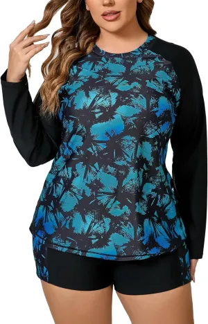 Women Plus Size Two Piece Long Sleeve Rash Guard Sets Built in Bra Swim Shirt Top and Shorts with Pockets UPF50 