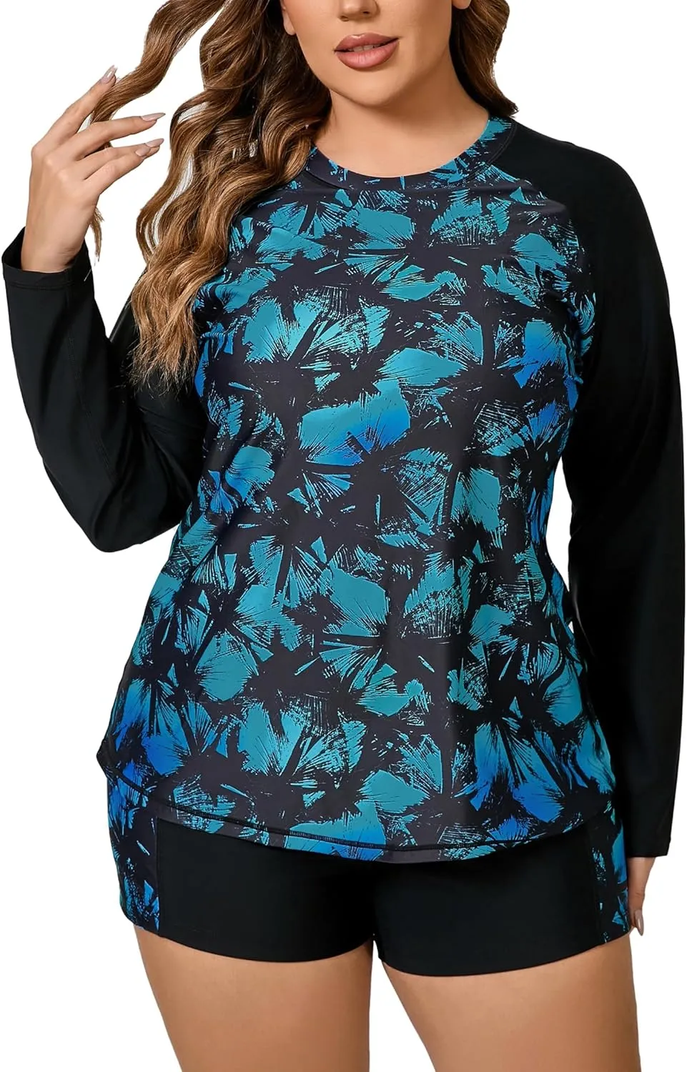 Women Plus Size Two Piece Long Sleeve Rash Guard Sets Built in Bra Swim Shirt Top and Shorts with Pockets UPF50 