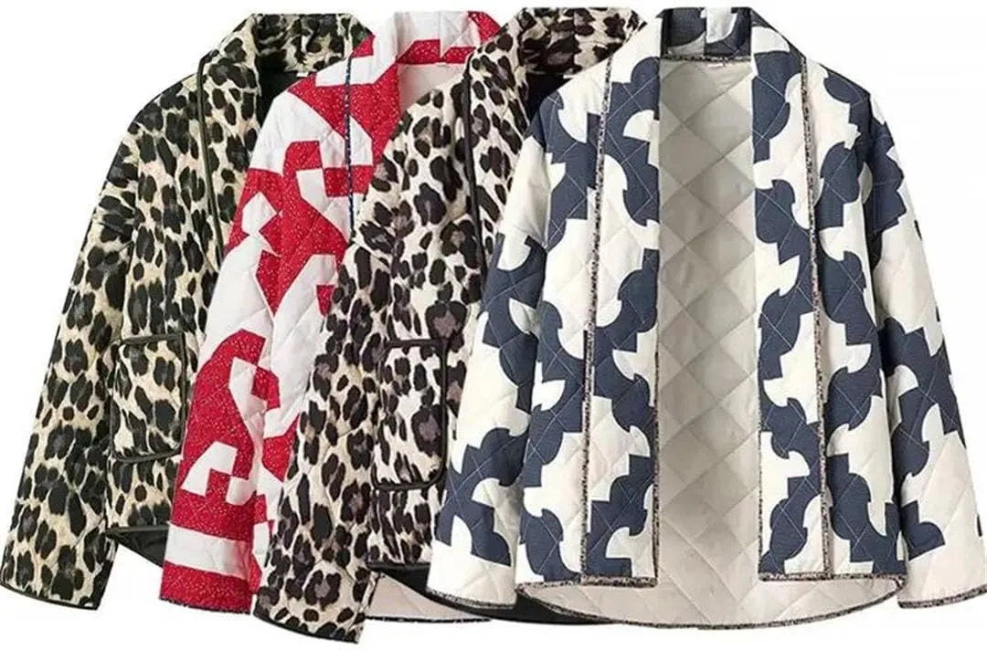 Women Print Parkas Shawl Collar Open Front Oversize Quilted Cotton Padded Jacket Loose Coat