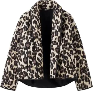 Women Print Parkas Shawl Collar Open Front Oversize Quilted Cotton Padded Jacket Loose Coat