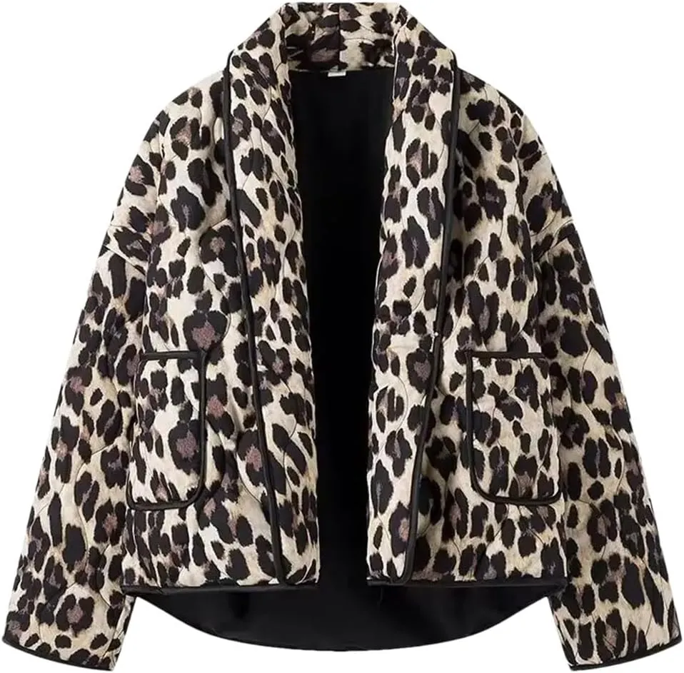 Women Print Parkas Shawl Collar Open Front Oversize Quilted Cotton Padded Jacket Loose Coat