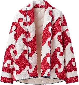 Women Print Parkas Shawl Collar Open Front Oversize Quilted Cotton Padded Jacket Loose Coat