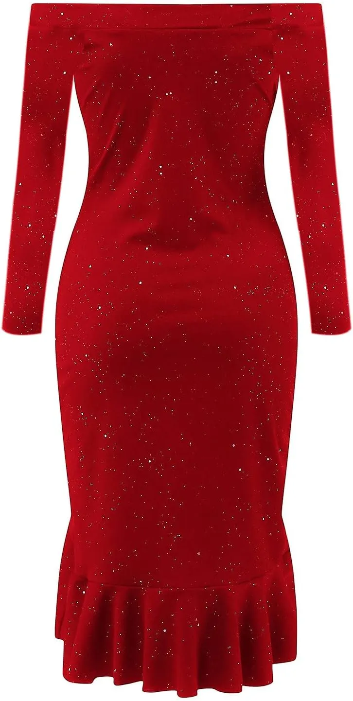 Women Sequin Glitter Midi Dress Off Shoulder Split Plus Size Bodycon Slim Fit Formal Evening Cocktail Prom Ball Gowns