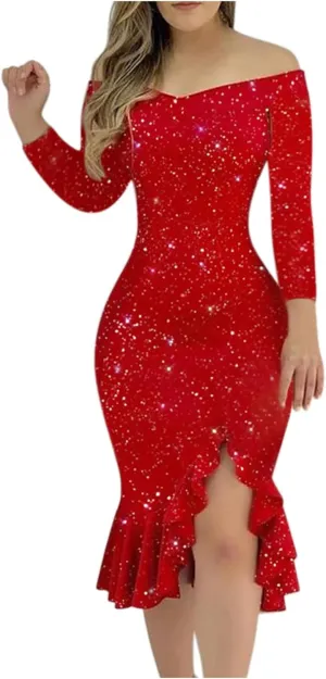 Women Sequin Glitter Midi Dress Off Shoulder Split Plus Size Bodycon Slim Fit Formal Evening Cocktail Prom Ball Gowns