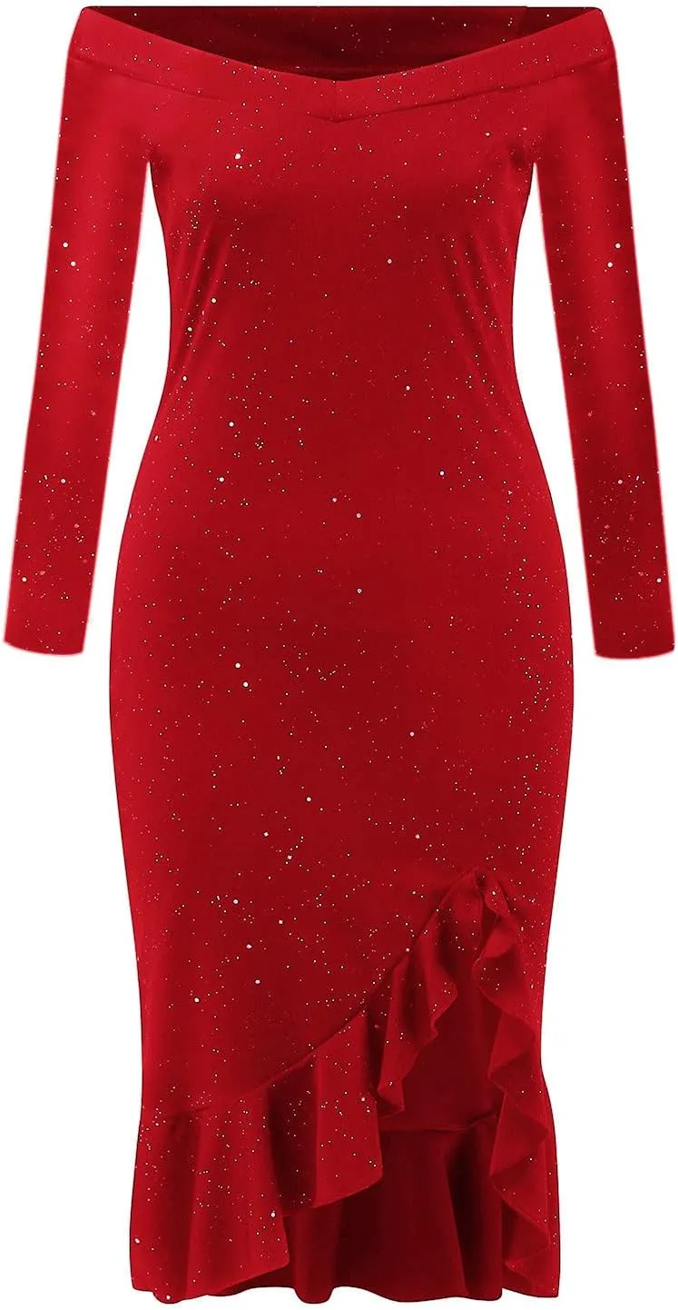 Women Sequin Glitter Midi Dress Off Shoulder Split Plus Size Bodycon Slim Fit Formal Evening Cocktail Prom Ball Gowns