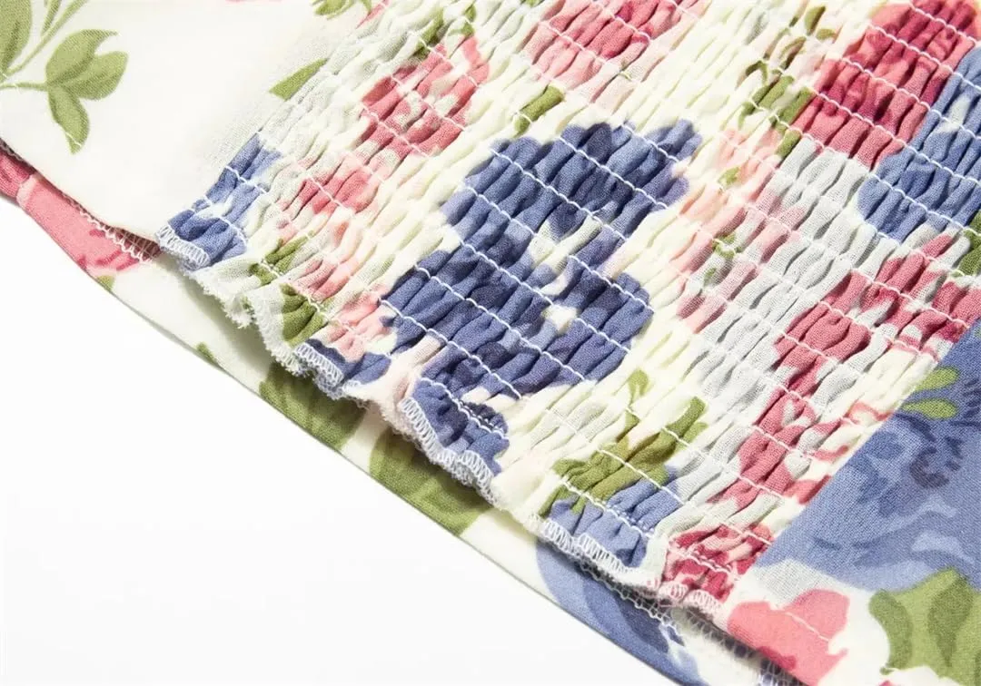 Women Sexy Party Tank Top Elastic Flora Print Camisole Sleeveless Pleated Crop Vest