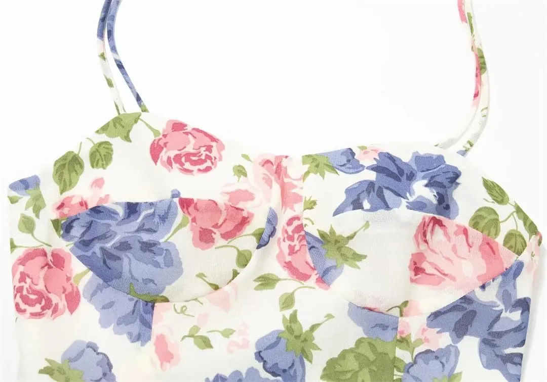 Women Sexy Party Tank Top Elastic Flora Print Camisole Sleeveless Pleated Crop Vest