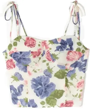 Women Sexy Party Tank Top Elastic Flora Print Camisole Sleeveless Pleated Crop Vest