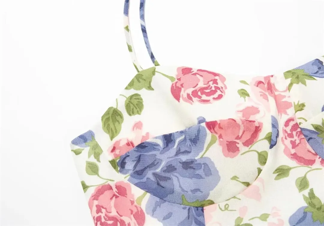 Women Sexy Party Tank Top Elastic Flora Print Camisole Sleeveless Pleated Crop Vest