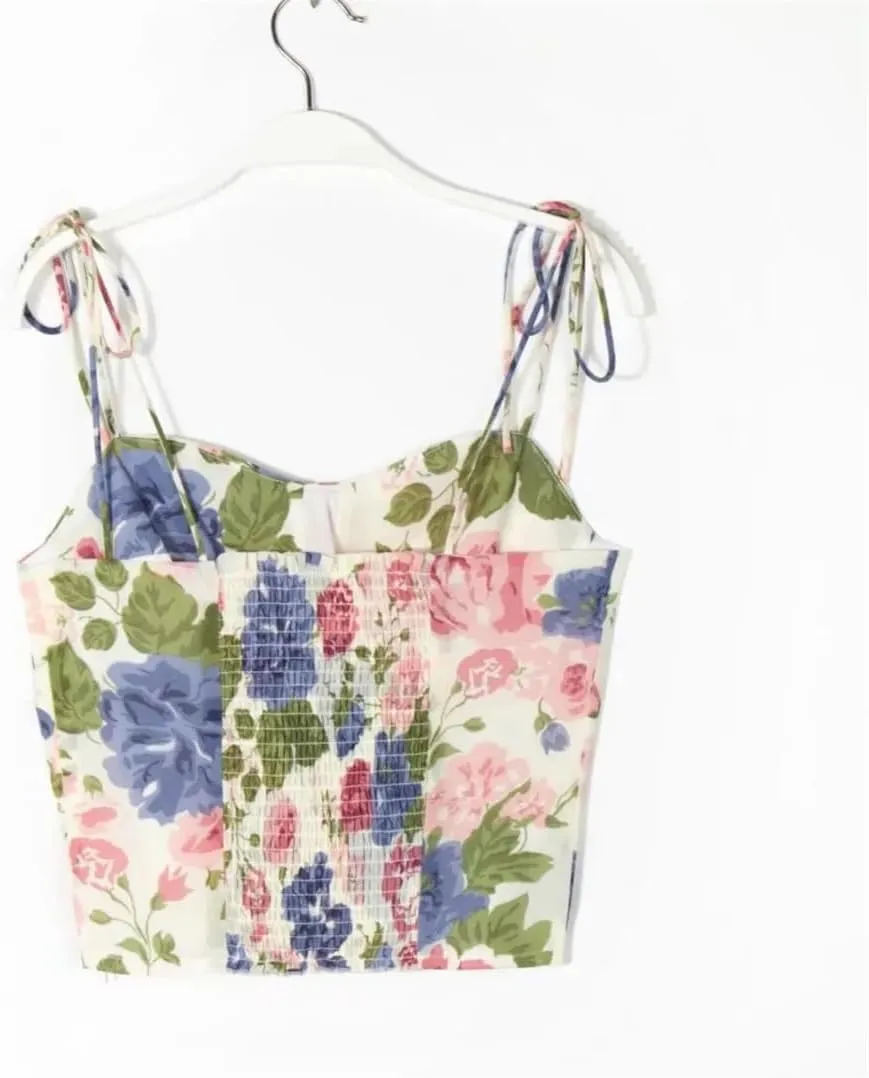 Women Sexy Party Tank Top Elastic Flora Print Camisole Sleeveless Pleated Crop Vest