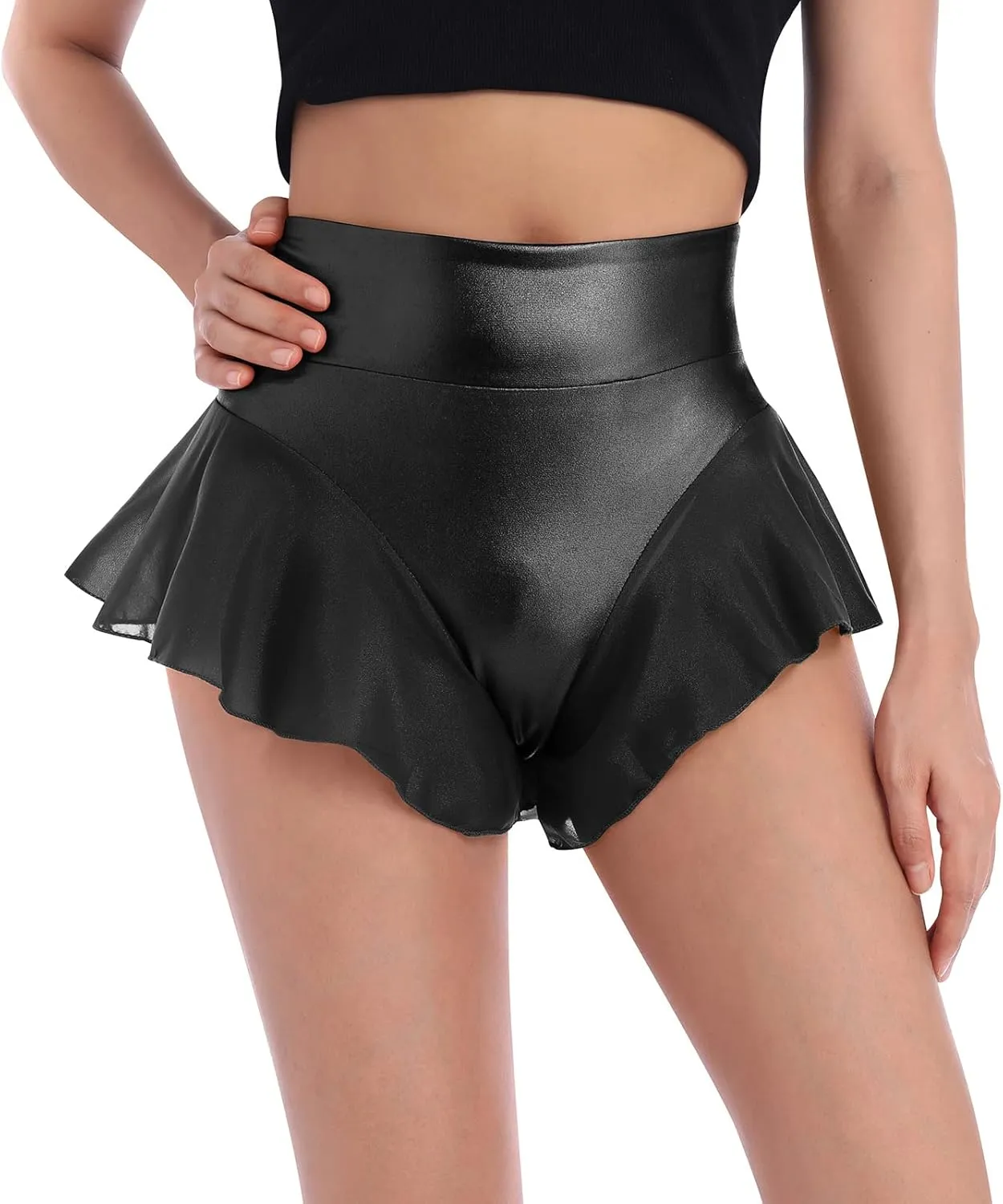 Women Shiny Glossy Metallic Rave Booty Shorts Sexy Ruffled Stage Pole Dance Mini Hot Pants High Waist Yoga Bottoms