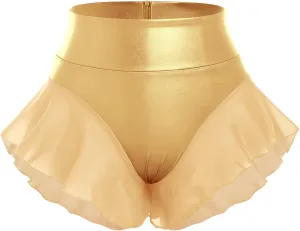 Women Shiny Glossy Metallic Rave Booty Shorts Sexy Ruffled Stage Pole Dance Mini Hot Pants High Waist Yoga Bottoms