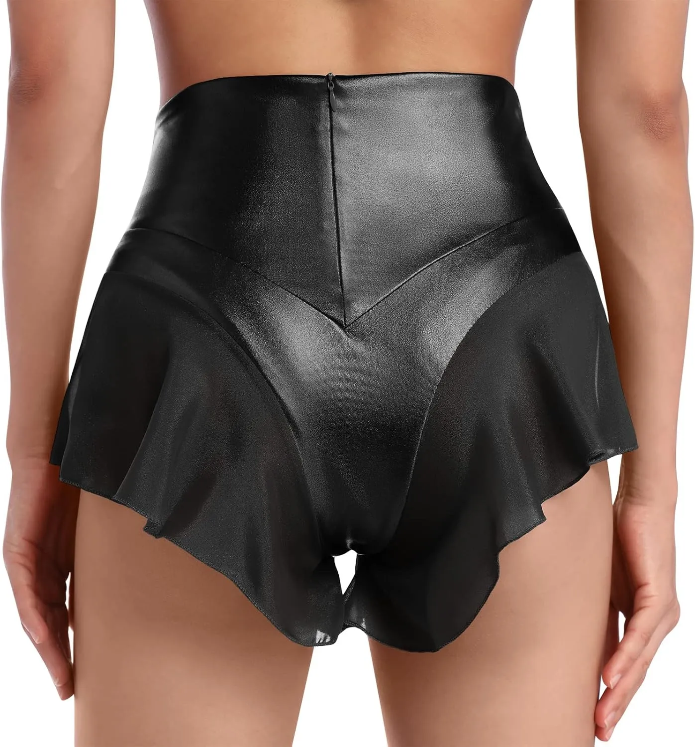 Women Shiny Glossy Metallic Rave Booty Shorts Sexy Ruffled Stage Pole Dance Mini Hot Pants High Waist Yoga Bottoms