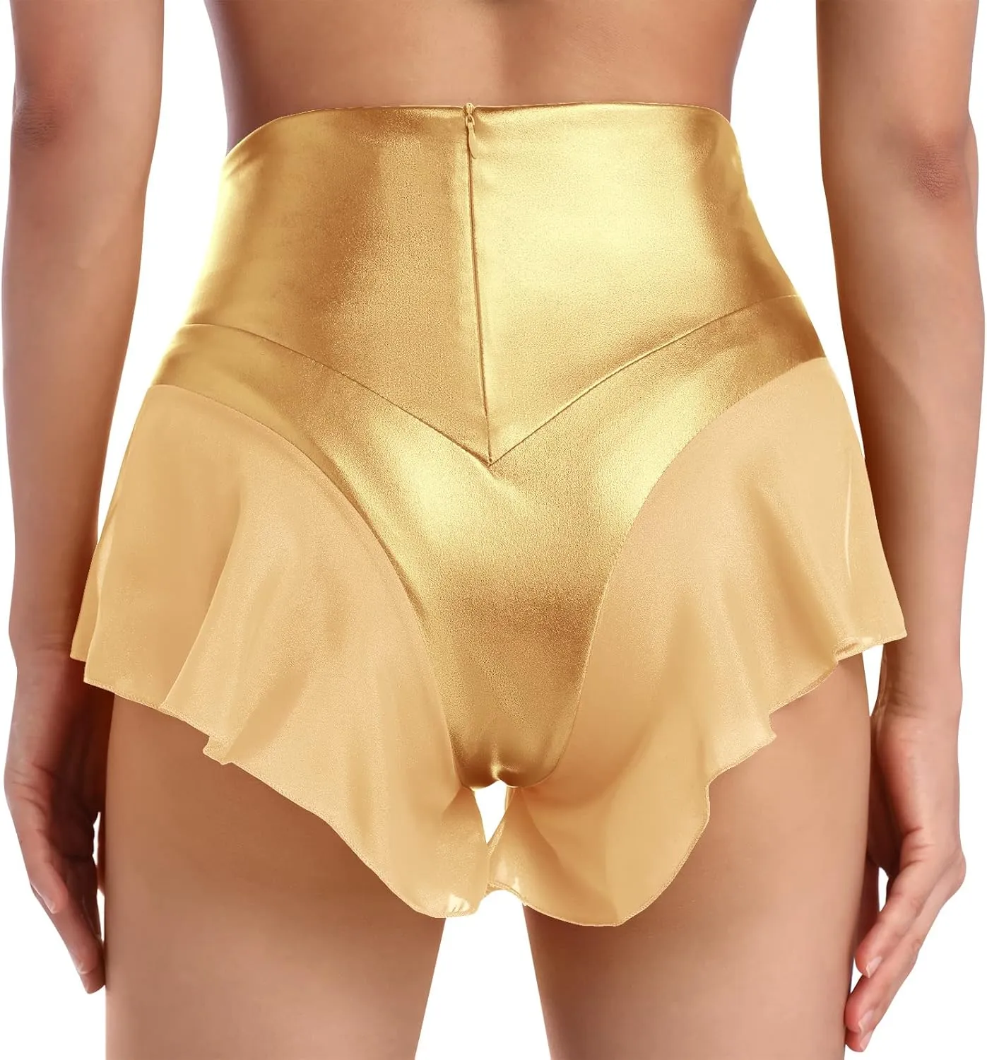 Women Shiny Glossy Metallic Rave Booty Shorts Sexy Ruffled Stage Pole Dance Mini Hot Pants High Waist Yoga Bottoms