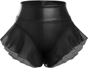 Women Shiny Glossy Metallic Rave Booty Shorts Sexy Ruffled Stage Pole Dance Mini Hot Pants High Waist Yoga Bottoms