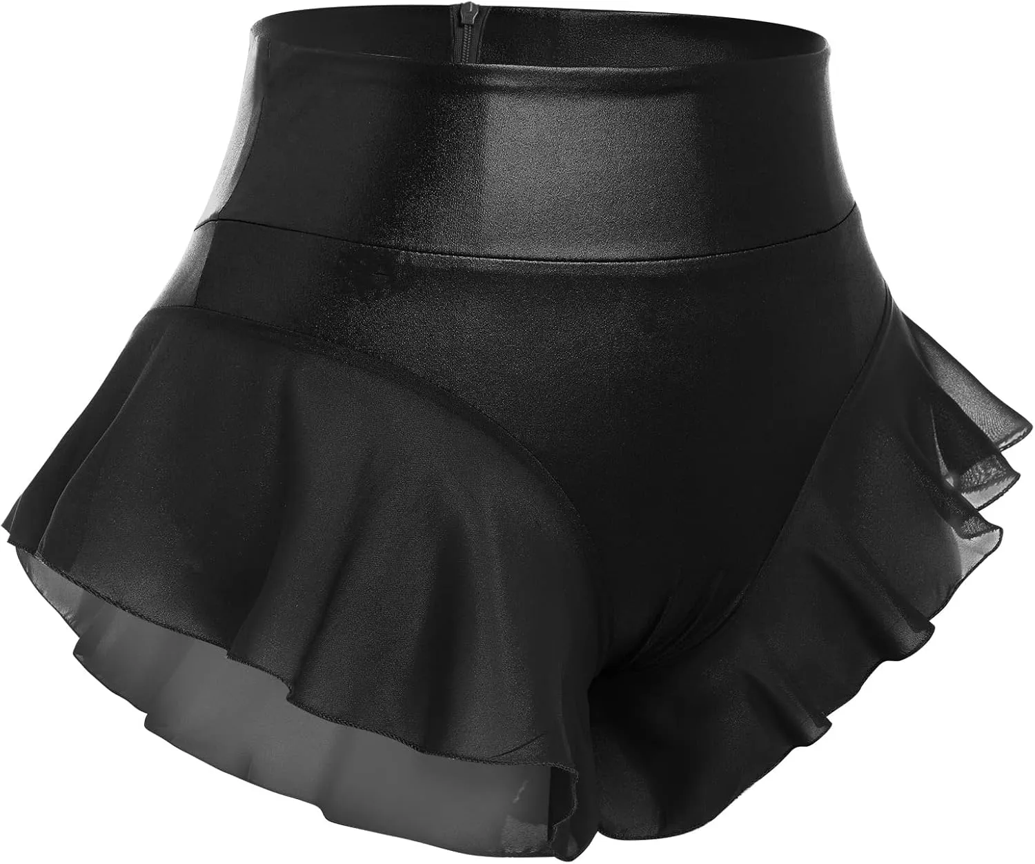 Women Shiny Glossy Metallic Rave Booty Shorts Sexy Ruffled Stage Pole Dance Mini Hot Pants High Waist Yoga Bottoms