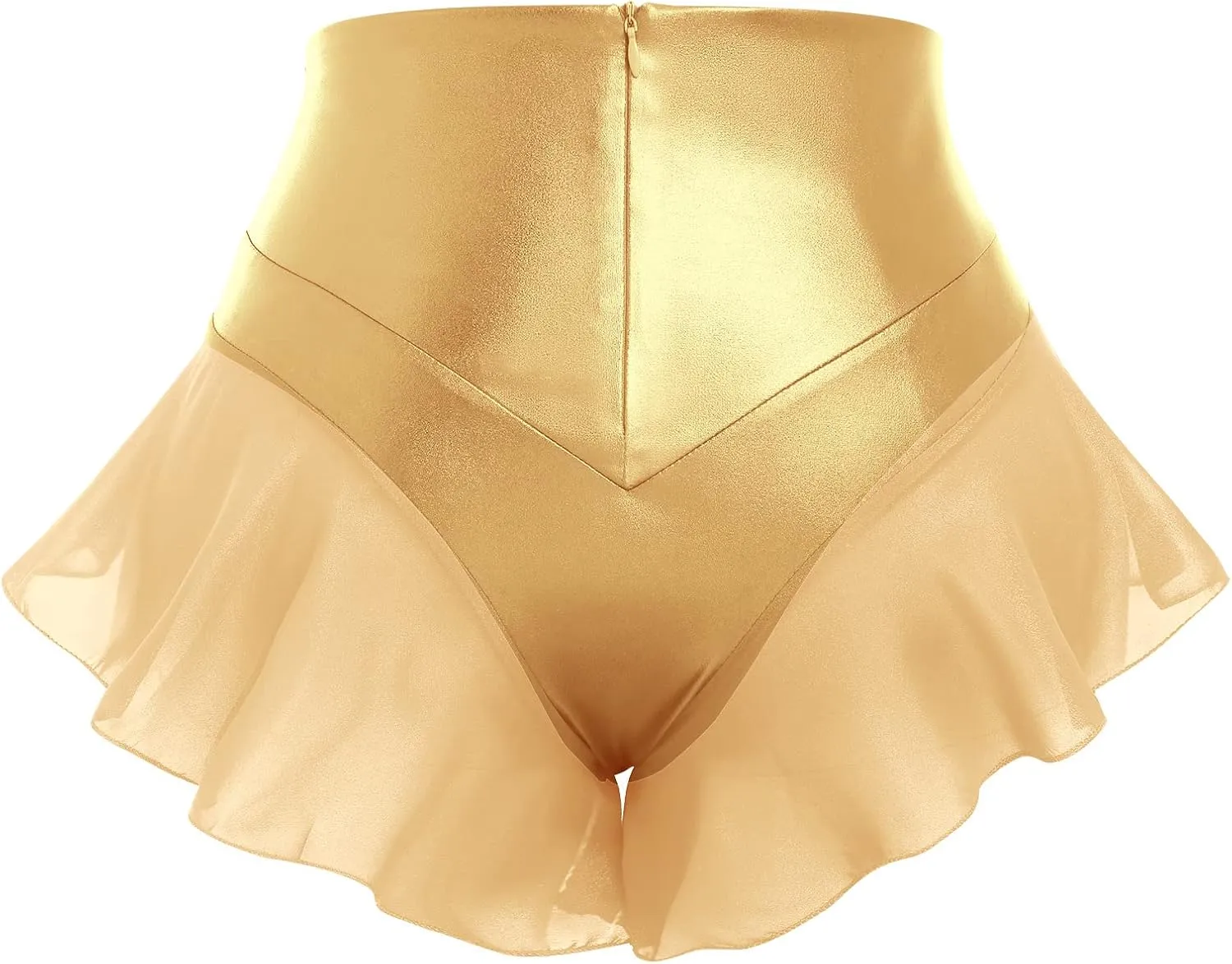 Women Shiny Glossy Metallic Rave Booty Shorts Sexy Ruffled Stage Pole Dance Mini Hot Pants High Waist Yoga Bottoms