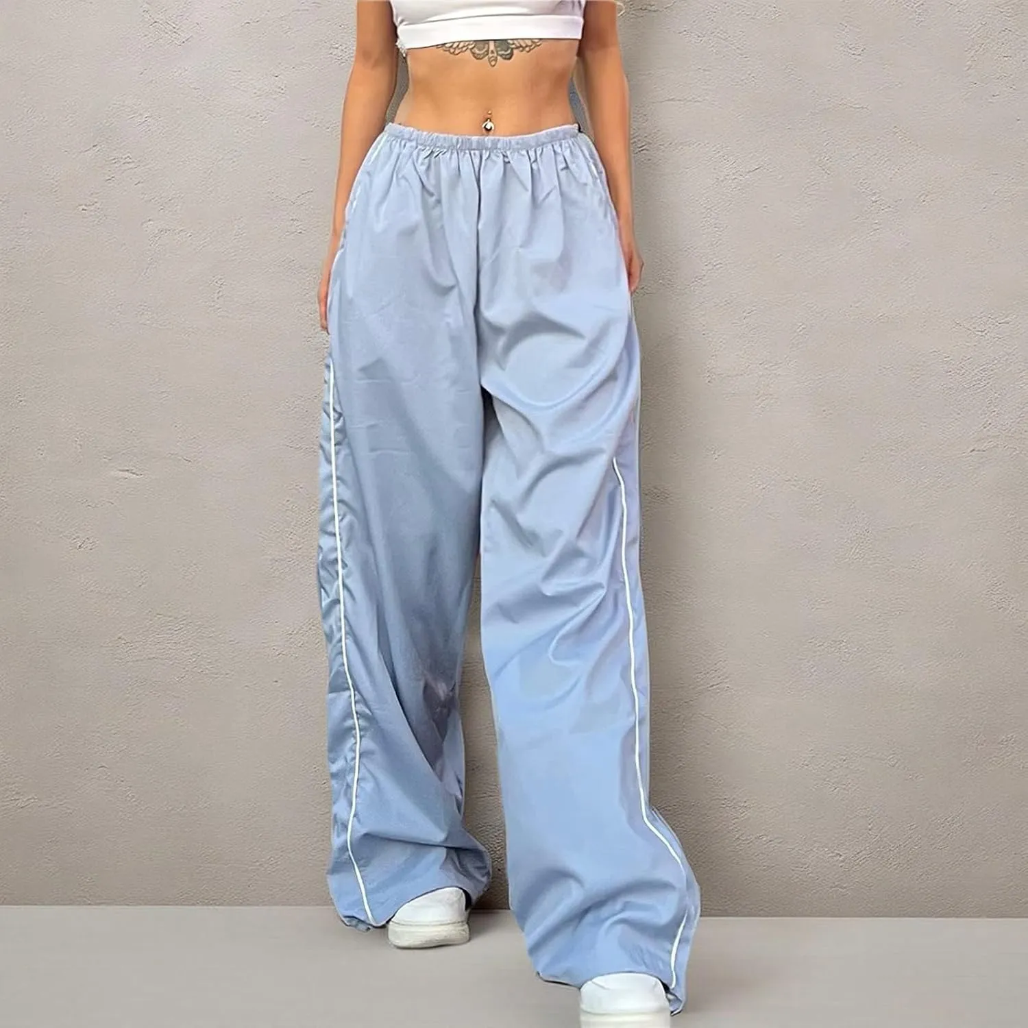 Women Side Striped Track Pants Wide Leg Baggy Sweatpants Parachute Pants Y2K Cargo Pants Joggers Trousers Streetwear