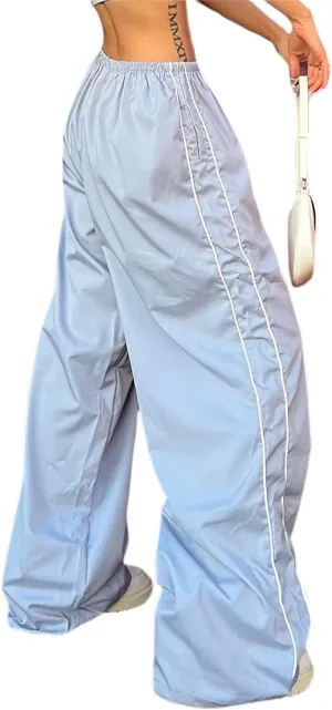 Women Side Striped Track Pants Wide Leg Baggy Sweatpants Parachute Pants Y2K Cargo Pants Joggers Trousers Streetwear