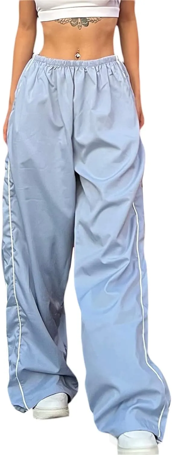 Women Side Striped Track Pants Wide Leg Baggy Sweatpants Parachute Pants Y2K Cargo Pants Joggers Trousers Streetwear
