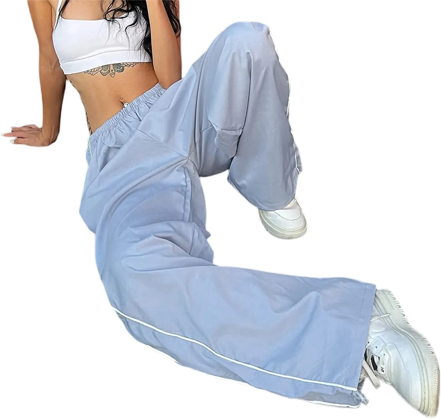 Women Side Striped Track Pants Wide Leg Baggy Sweatpants Parachute Pants Y2K Cargo Pants Joggers Trousers Streetwear