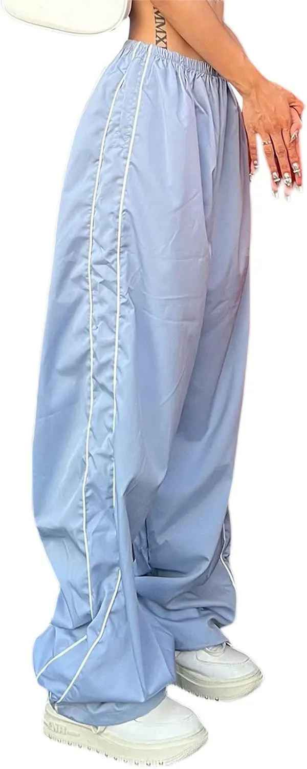 Women Side Striped Track Pants Wide Leg Baggy Sweatpants Parachute Pants Y2K Cargo Pants Joggers Trousers Streetwear