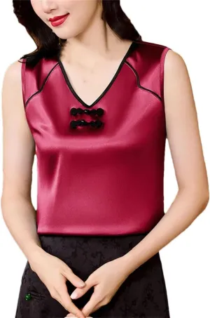 Women Spring Summer Fashion Tank Tops Patchwork Silk Satin Sleeveless Camisole Tops