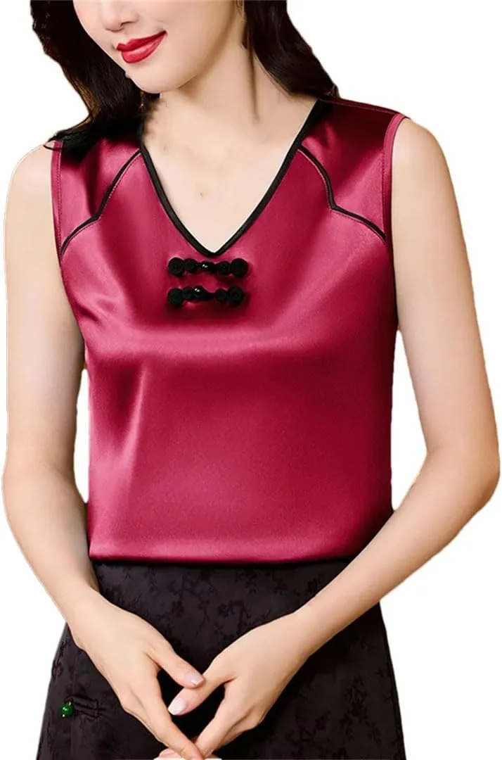Women Spring Summer Fashion Tank Tops Patchwork Silk Satin Sleeveless Camisole Tops