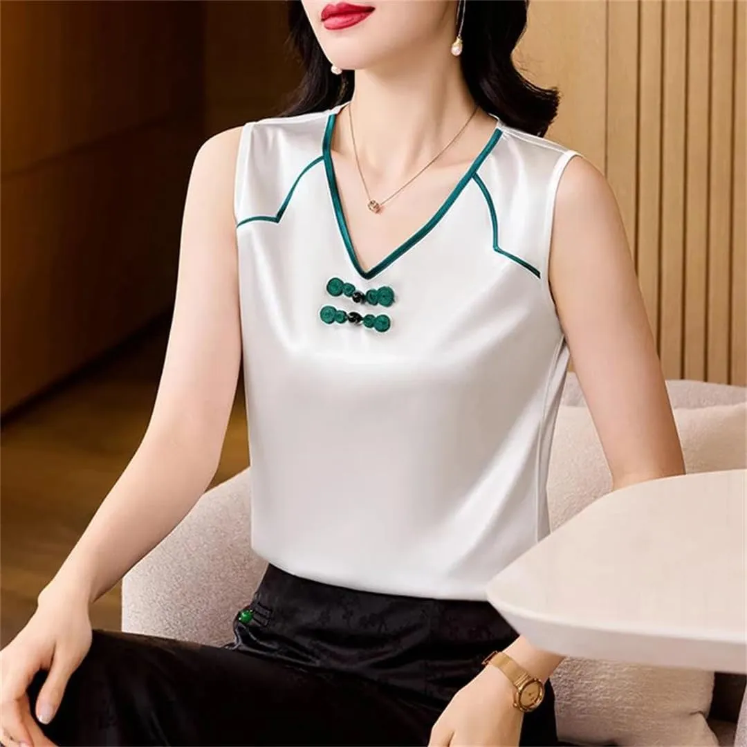 Women Spring Summer Fashion Tank Tops Patchwork Silk Satin Sleeveless Camisole Tops