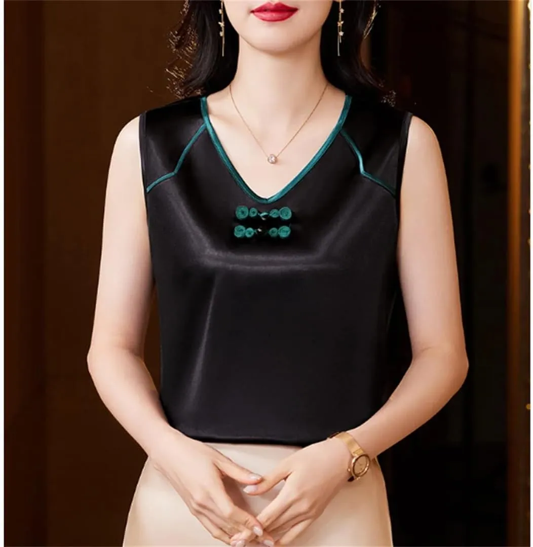 Women Spring Summer Fashion Tank Tops Patchwork Silk Satin Sleeveless Camisole Tops