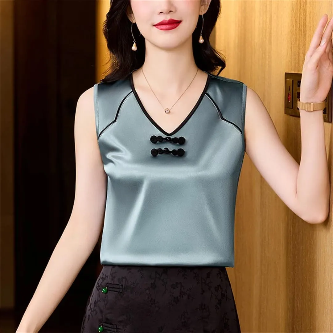 Women Spring Summer Fashion Tank Tops Patchwork Silk Satin Sleeveless Camisole Tops